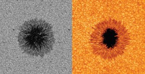 Simulación numérica de una mancha solar (Izquierda); Imagen de una mancha solar a alta resolución (Derecha)